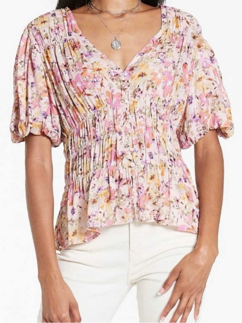 Dear John Chrissy In The Garden Floral Short Sleeve V-Neck Peplum Top Blouse